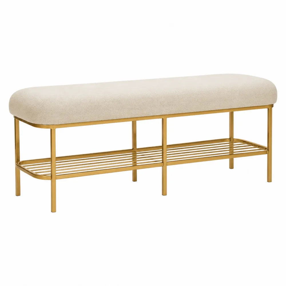 Banc en métal avec étagère inférieure dorée et assise beige