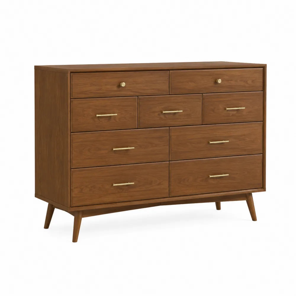 Commode en bois massif à 8 tiroirs marron avec poignées en laiton