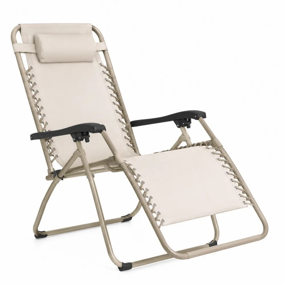 Chaise longue pliante en acier et polyester beige avec appui-tête réglable