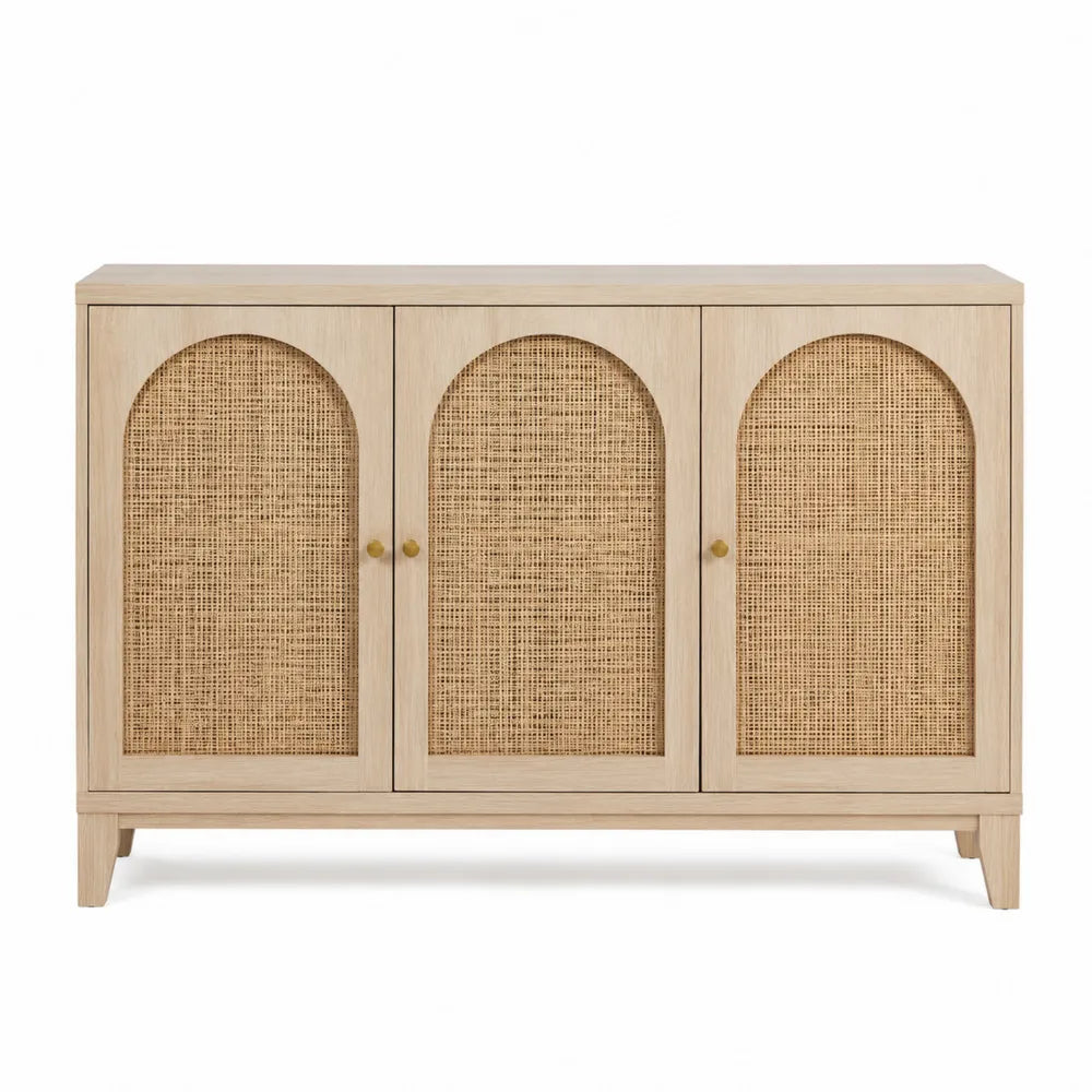 Buffet en bois et rotin avec trois portes