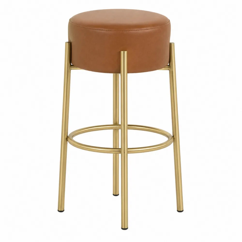 Tabouret de bar en cuir synthétique brun cadre métal doré 75 cm