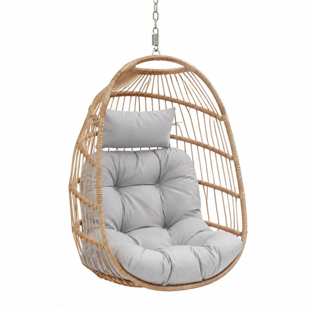 Chaise suspendue en rotin avec coussins en tissu gris