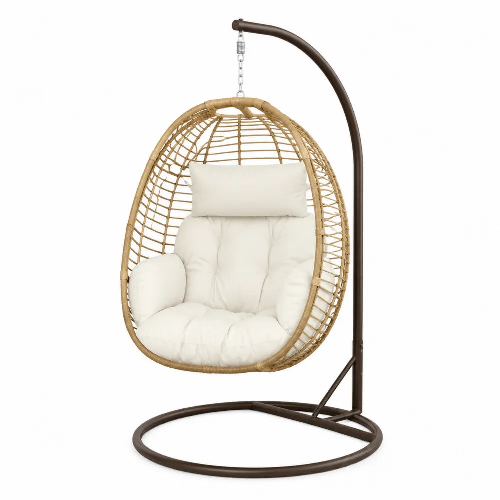 Chaise suspendue en rotin synthétique avec coussins en polyester blancs