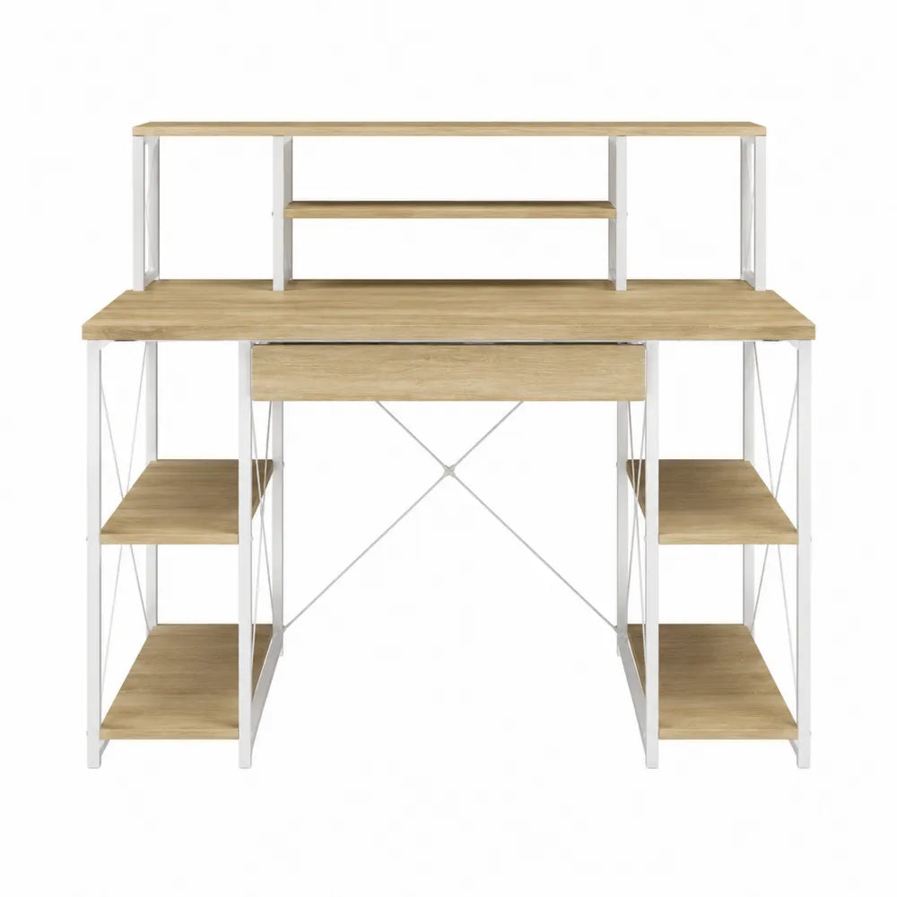 Bureau en bois de chêne avec cadre en métal blanc et étagères