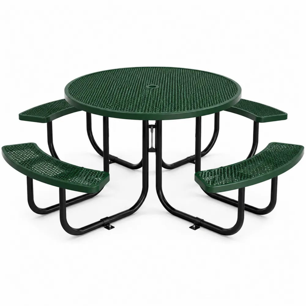 Table de pique-nique ronde en métal avec bancs intégrés verts