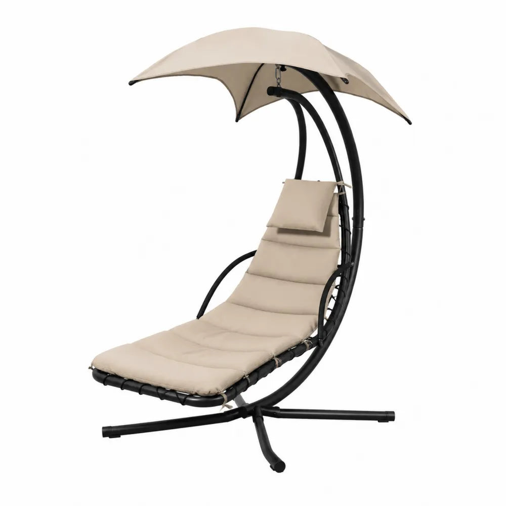 Chaise Longue Suspendue avec Pare-Soleil en Acier et Polyester Beige