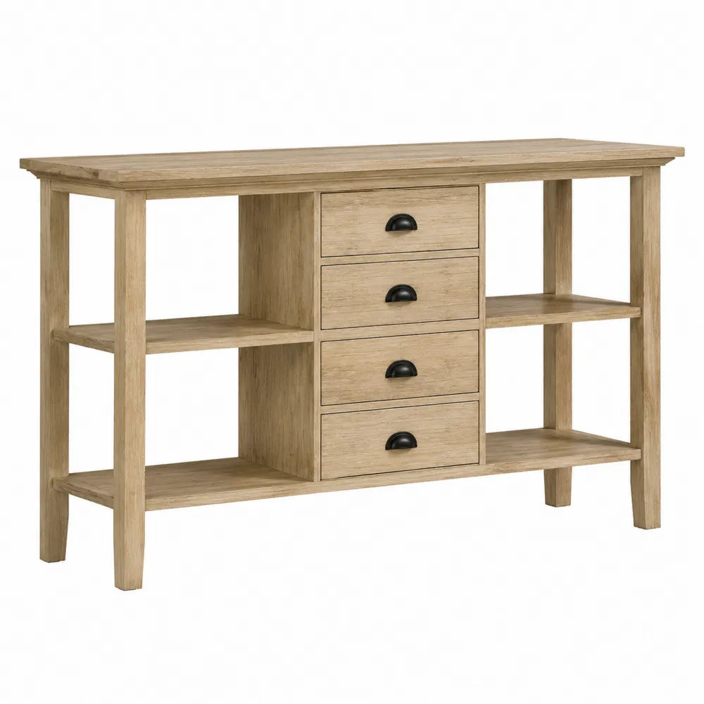 Console en chêne avec 4 tiroirs et étagères 150cm