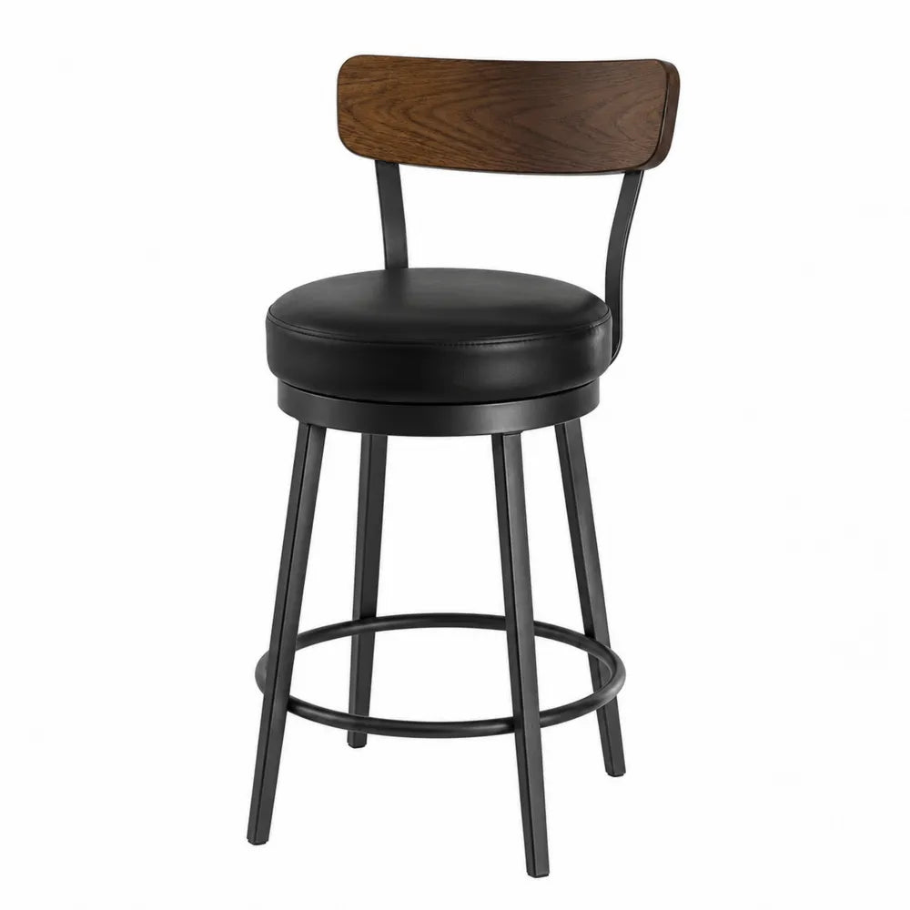 Tabouret de bar en cuir synthétique noir et bois, structure métallique, hauteur 75 cm