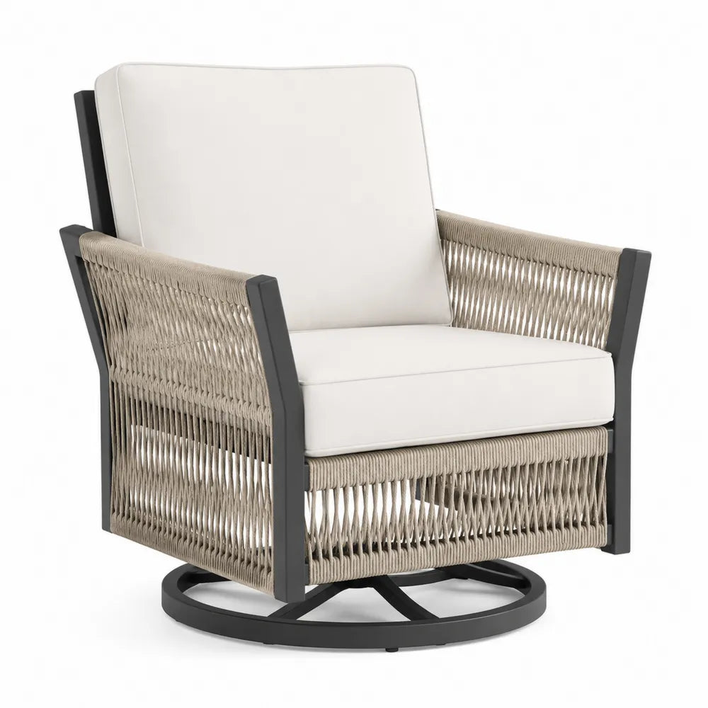 Fauteuil pivotant en aluminium et corde synthétique avec coussins en polyester blanc