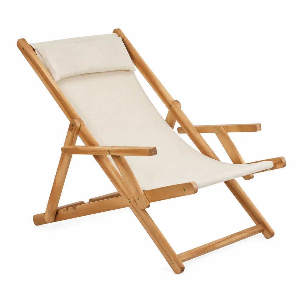Chaise longue en bois d'acacia et toile de polyester beige