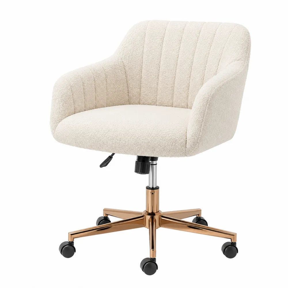 Chaise de bureau en tissu bouclé beige avec roulettes dorées