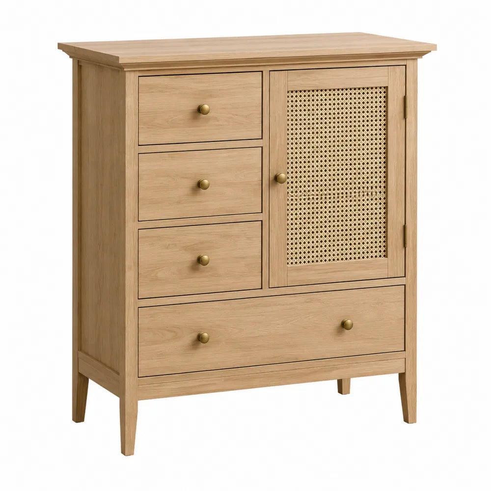 Buffet en bois avec tiroirs et porte en rotin tressé