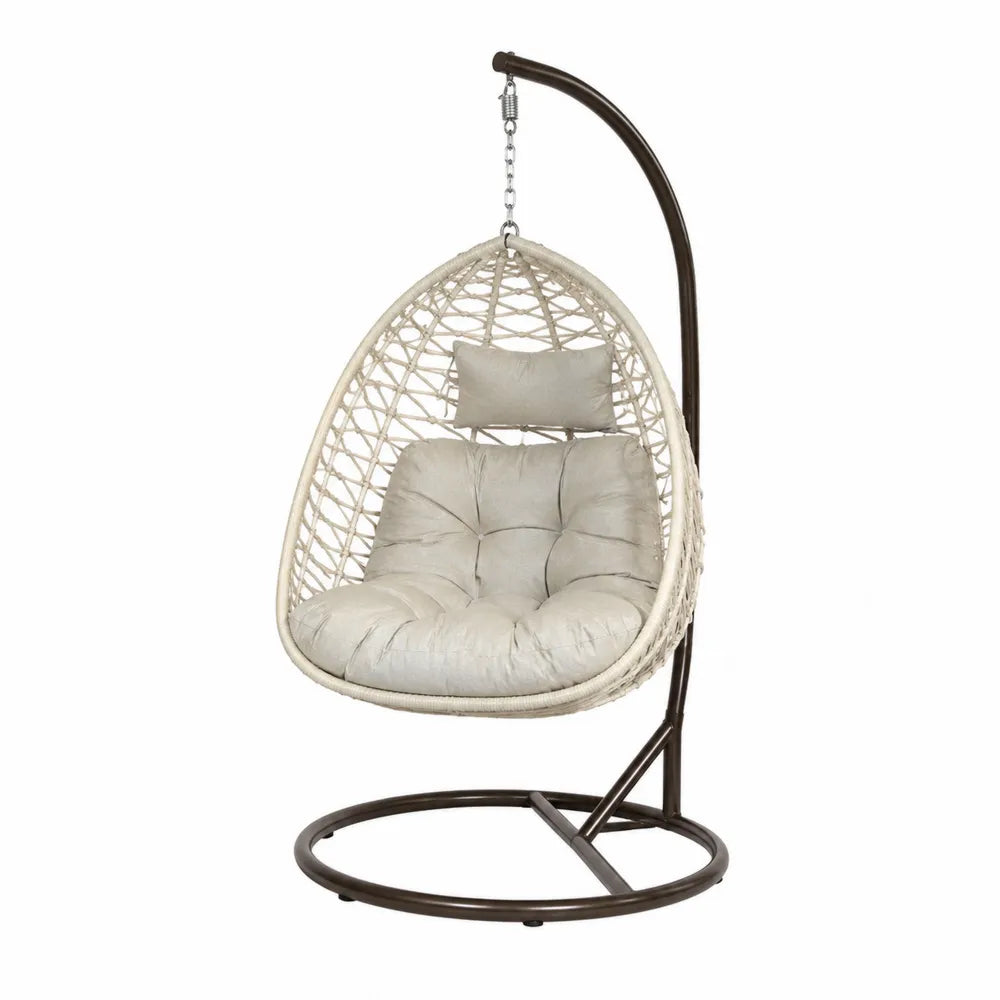 Chaise suspendue en métal et rotin beige avec coussin