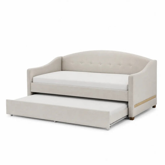 Lit de jour gigogne en tissu polyester beige avec matelas 200x90 cm