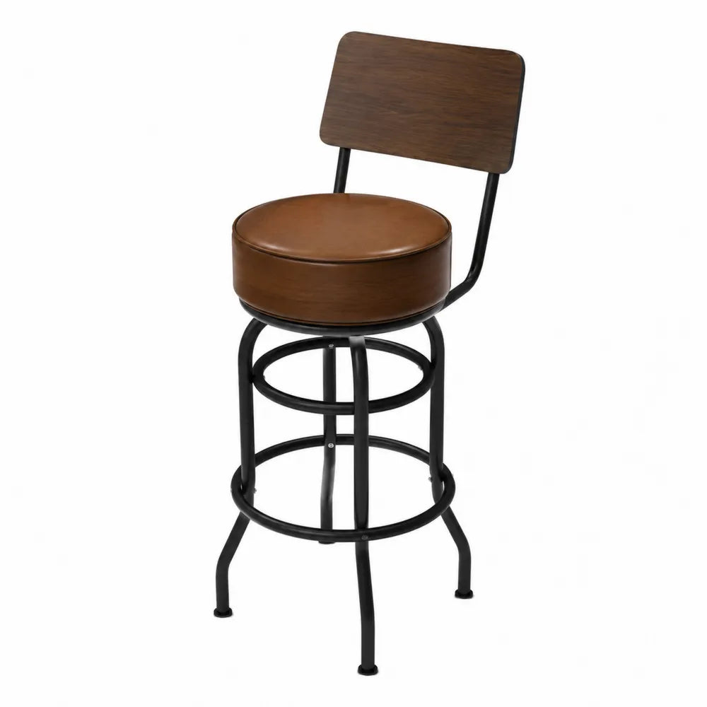 Tabouret de bar en métal noir et bois brun avec siège en similicuir