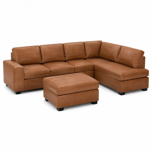 Canapé modulaire en cuir synthétique marron avec repose-pieds