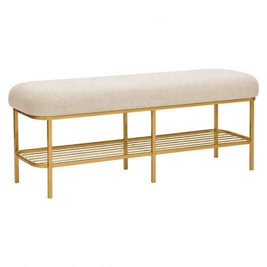 Banc en métal avec étagère inférieure dorée et assise beige