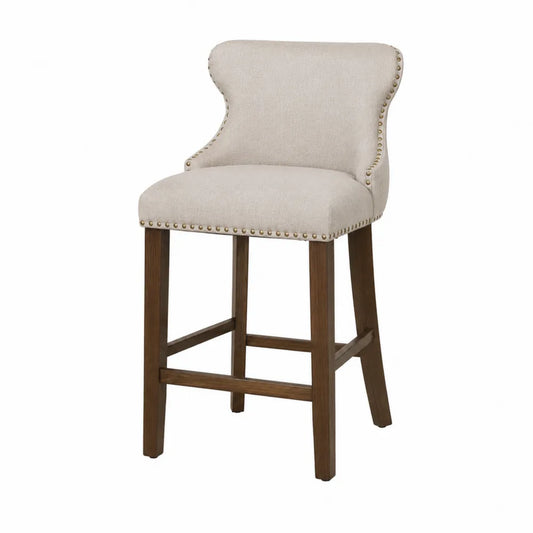 Tabouret de bar en bois avec revêtement en lin beige