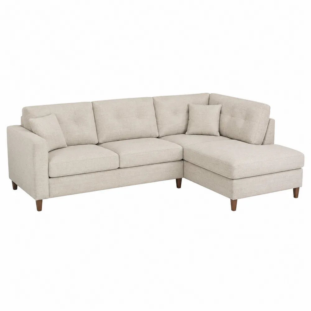 Canapé d'angle en tissu polyester beige avec coussins
