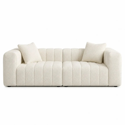 Canapé modulaire en tissu bouclette polyester beige avec coussins