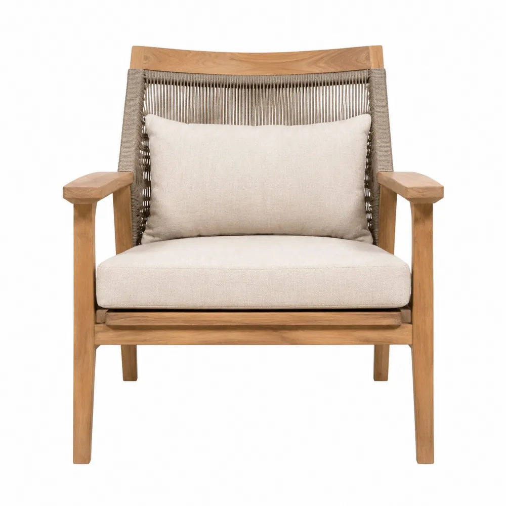 Fauteuil en teck et corde avec coussin en polyester beige