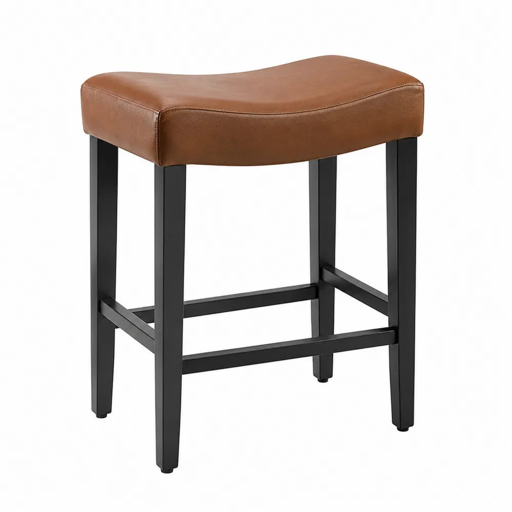 Tabouret en cuir synthétique marron avec cadre en métal noir