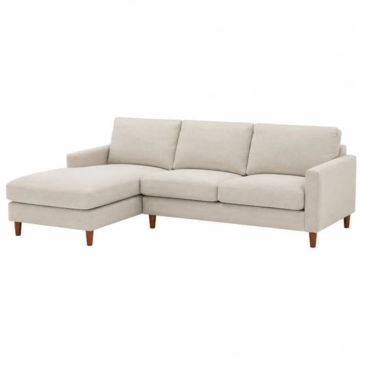 Canapé d'angle en tissu beige avec méridienne, 3 places