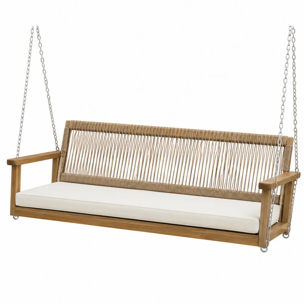 Banc balançoire extérieur en teck et corde polyester avec coussin blanc 180cm