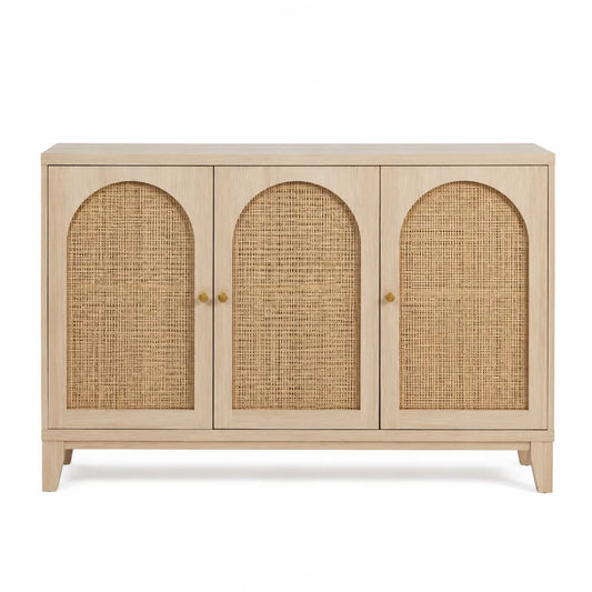 Buffet en bois et rotin avec trois portes