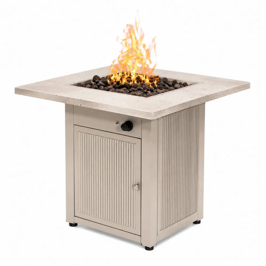 Table de feu extérieure en métal avec plateau en béton beige