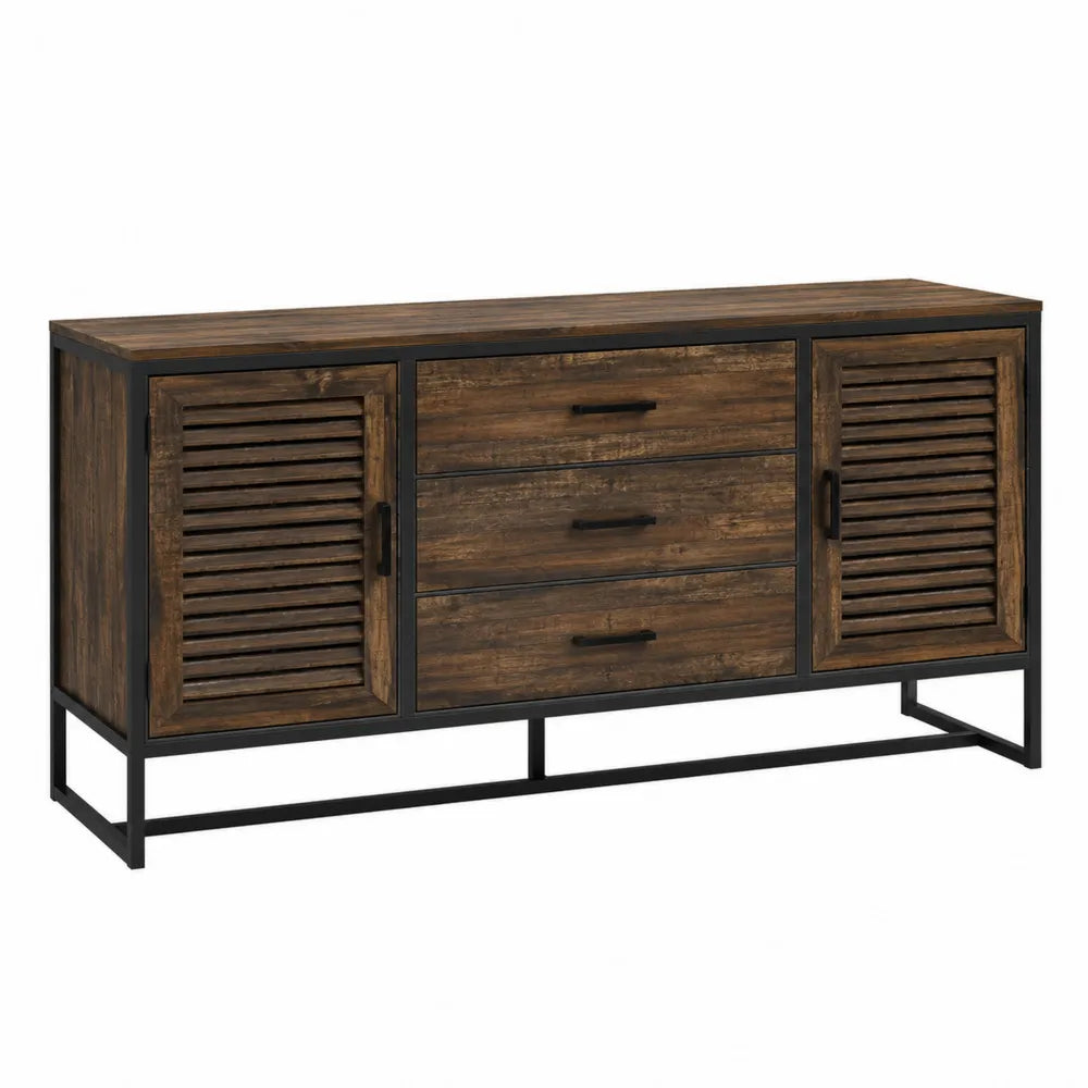 Buffet en bois massif recyclé et métal avec 2 portes et 3 tiroirs
