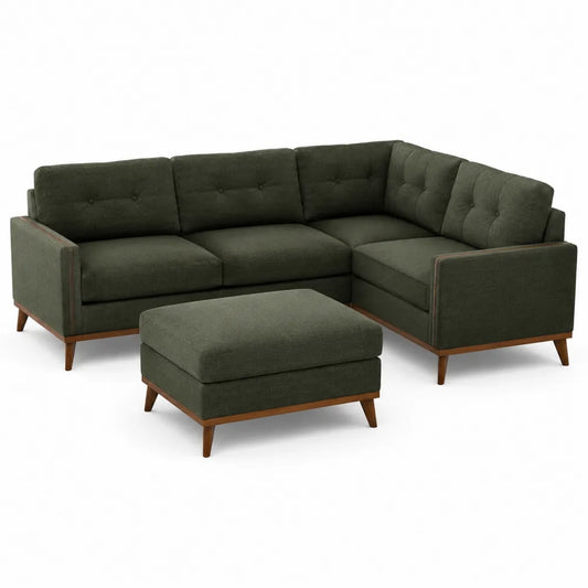 Canapé d'angle en bois et polyester vert foncé avec repose-pieds