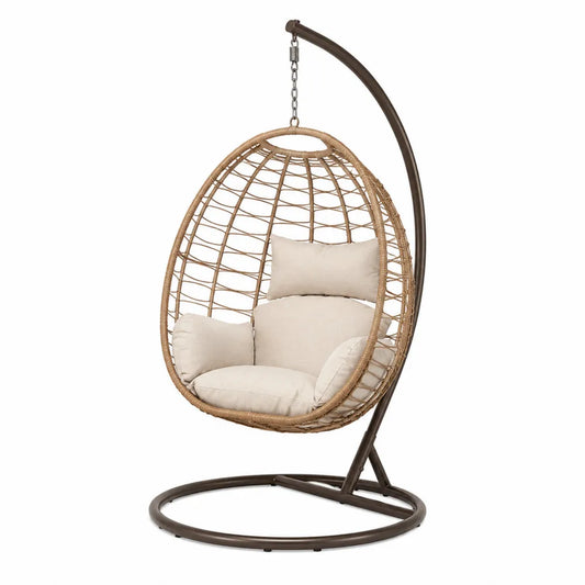Fauteuil suspendu en osier beige avec coussins en polyester et support en acier