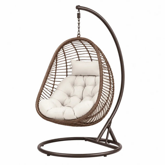 Chaise suspendue en résine tressée et acier, marron et beige