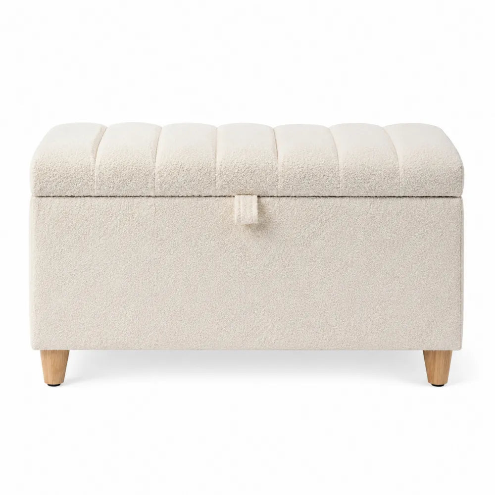 Banc de rangement en tissu bouclé blanc avec pieds en bois
