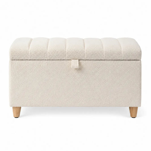 Banc de rangement en tissu bouclé blanc avec pieds en bois