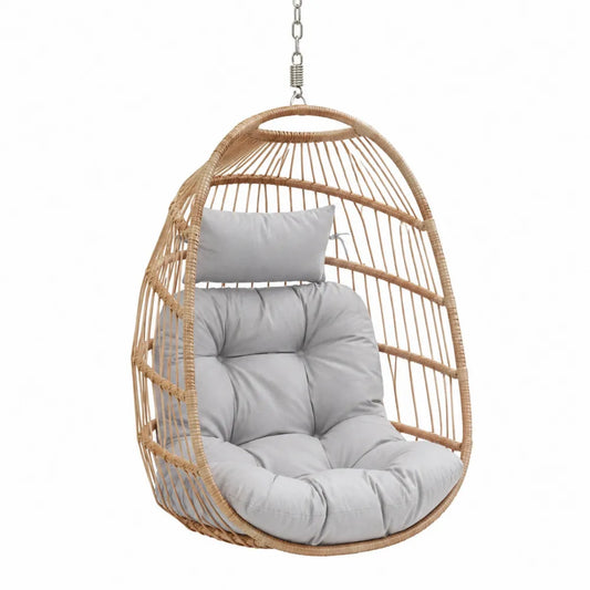 Chaise suspendue en rotin avec coussins en tissu gris