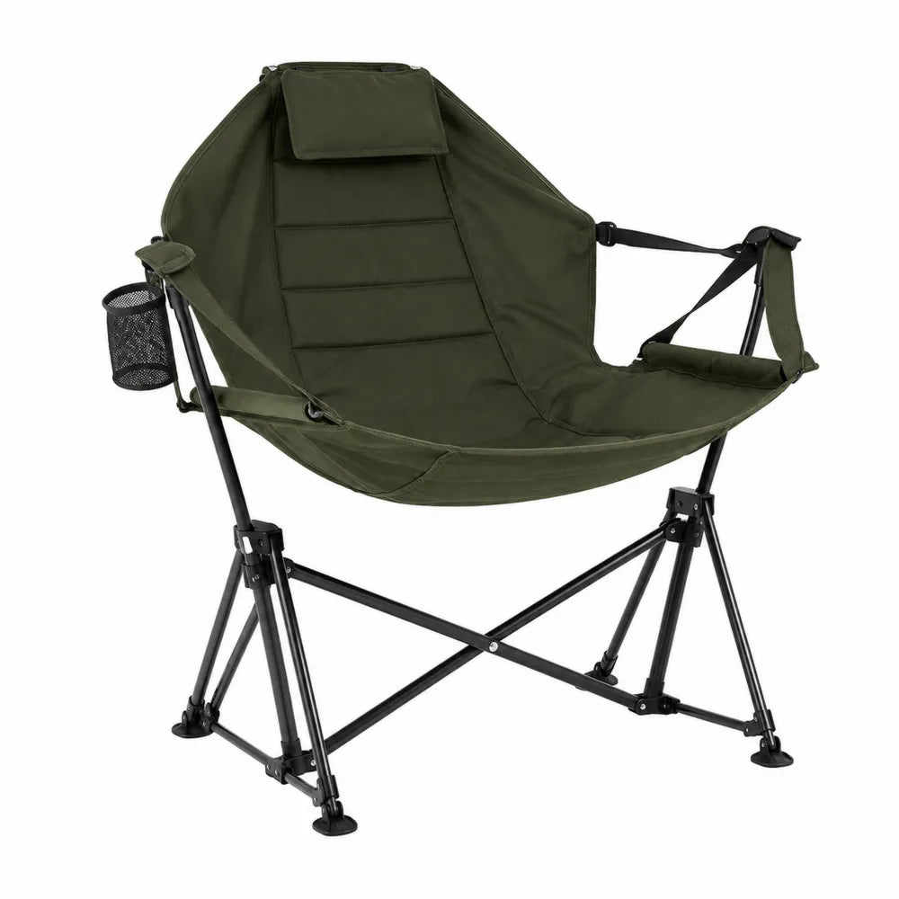 Chaise pliante en métal et toile verte avec repose-tête et porte-gobelet