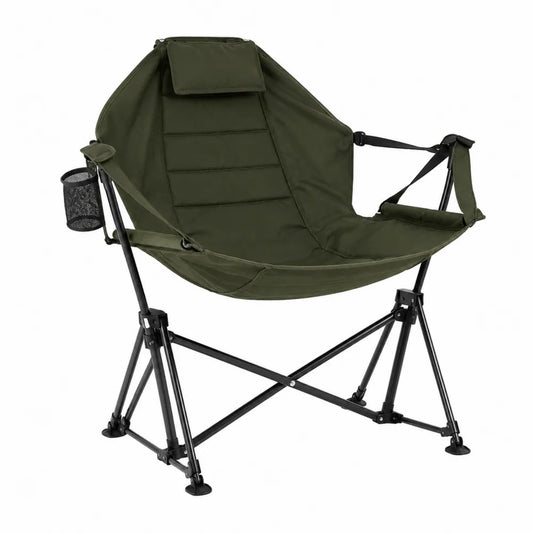 Chaise pliante en métal et toile verte avec repose-tête et porte-gobelet