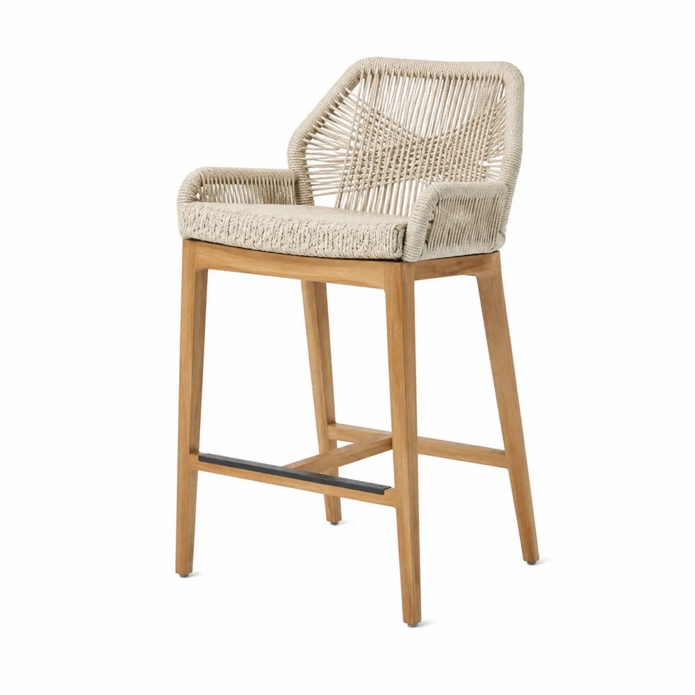 Chaise de bar extérieure en teck et corde polyamide beige