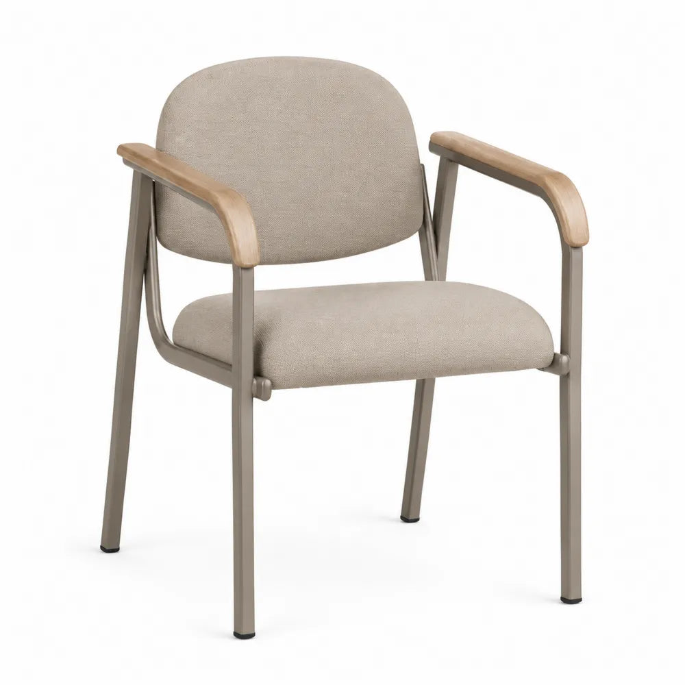 Chaise en métal et tissu polyester beige avec accoudoirs