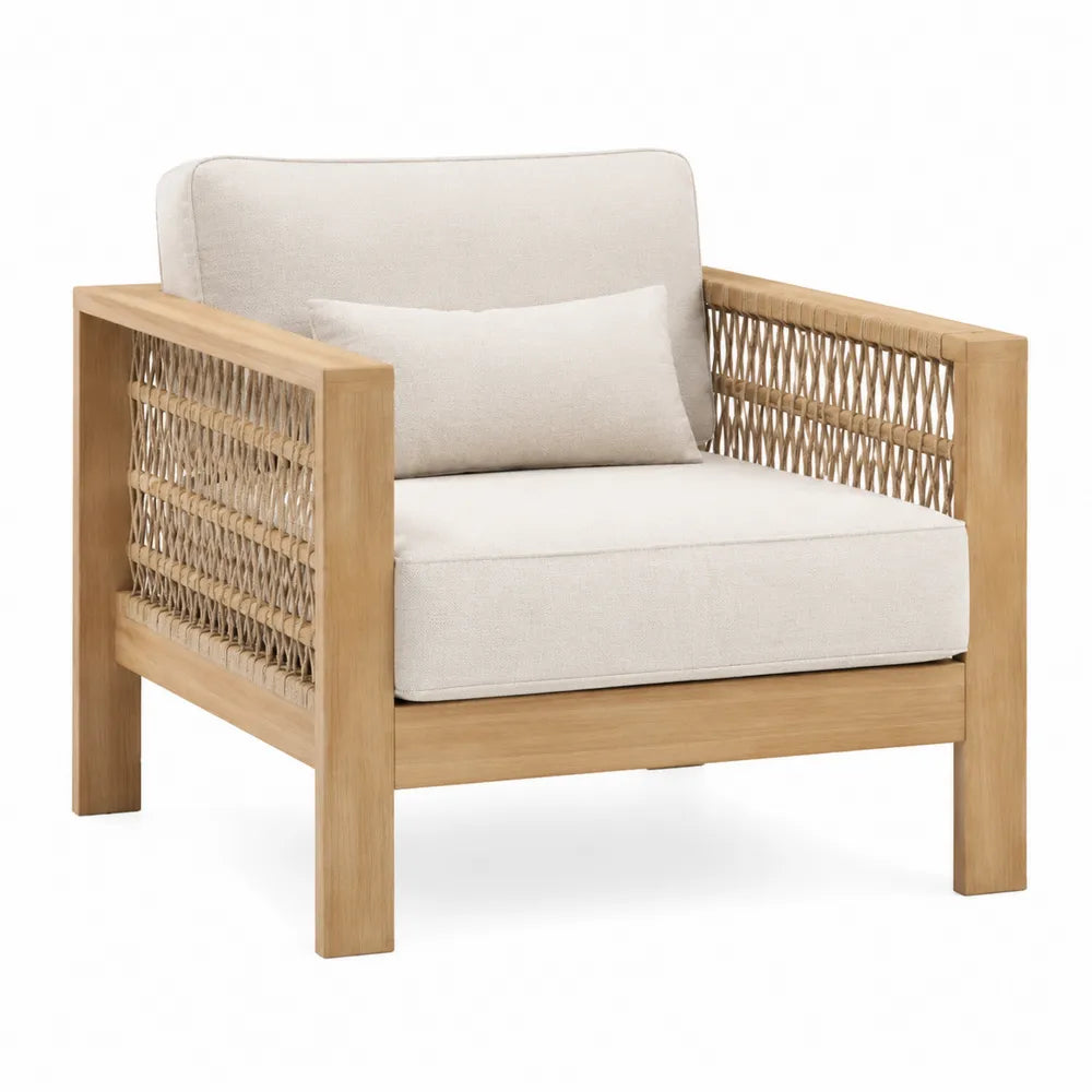 Fauteuil en bois avec corde tressée et coussins en lin beige