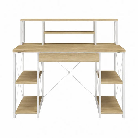 Bureau en bois de chêne avec cadre en métal blanc et étagères