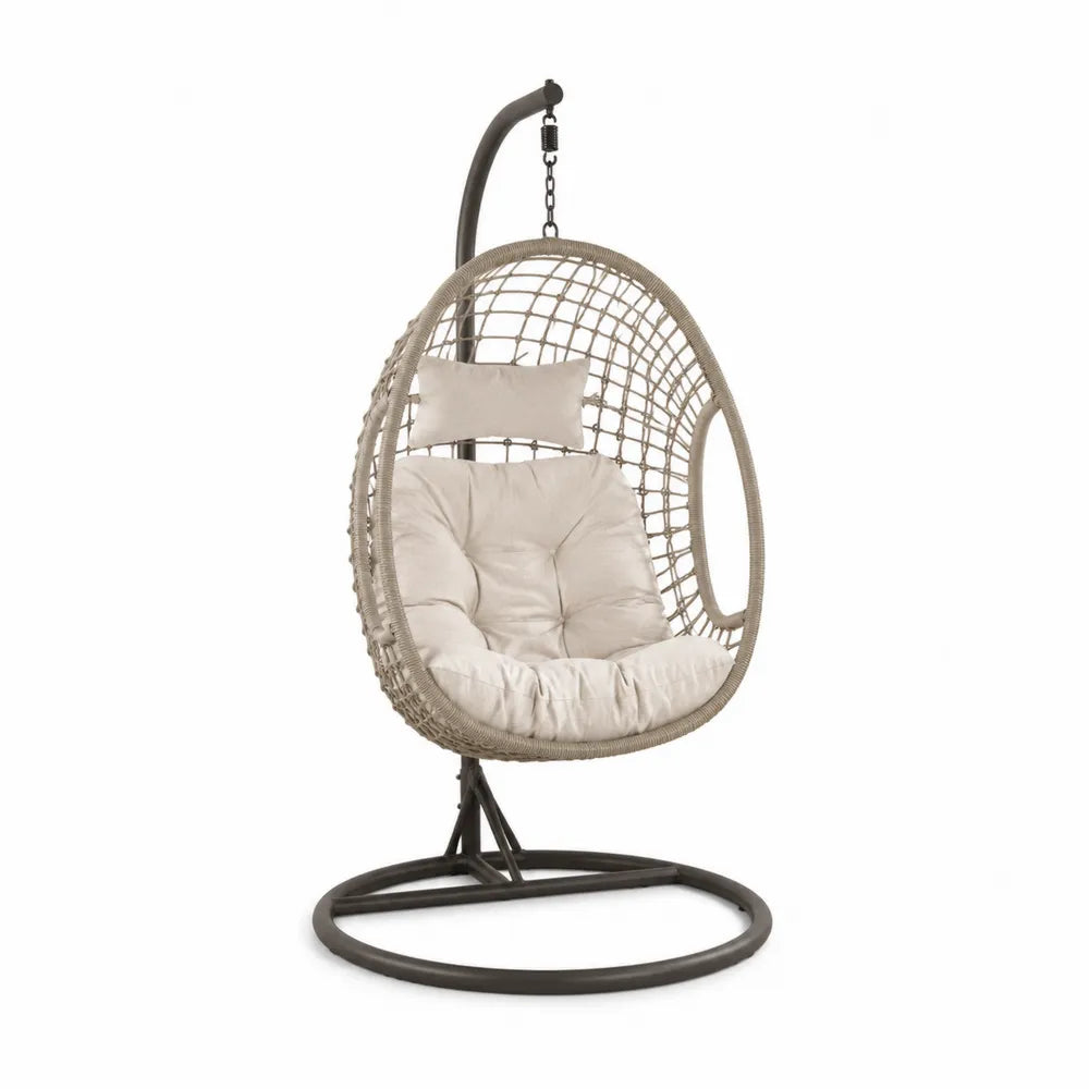 Chaise suspendue en métal et rotin synthétique avec coussins en polyester