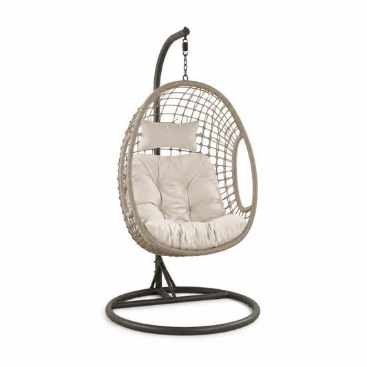 Chaise suspendue en métal et rotin synthétique avec coussins en polyester
