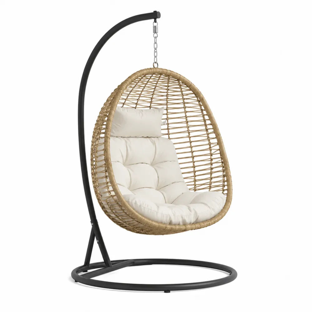 Chaise suspendue en rotin avec support métallique noir