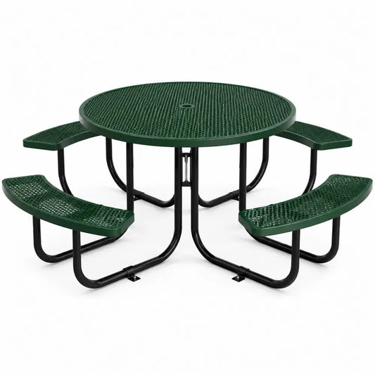 Table de pique-nique ronde en métal avec bancs intégrés verts