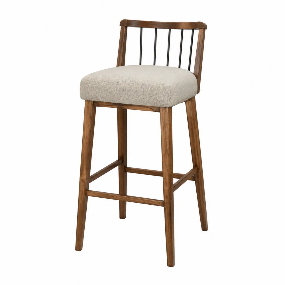 Tabouret de bar en bois de chêne et métal noir avec assise en polyester beige 104cm