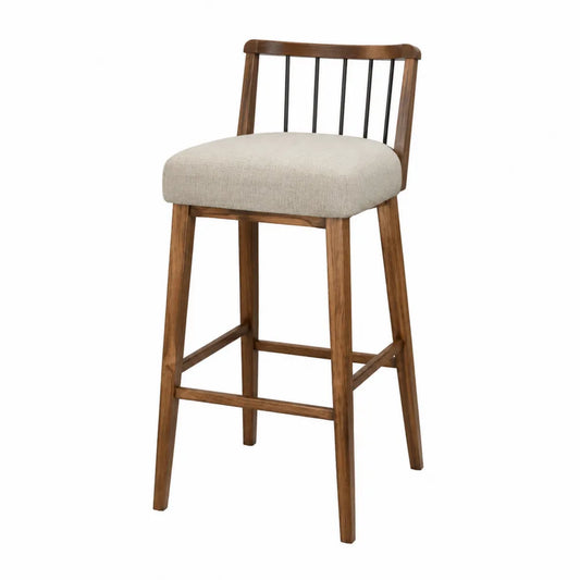 Tabouret de bar en bois de chêne et métal noir avec assise en polyester beige 104cm