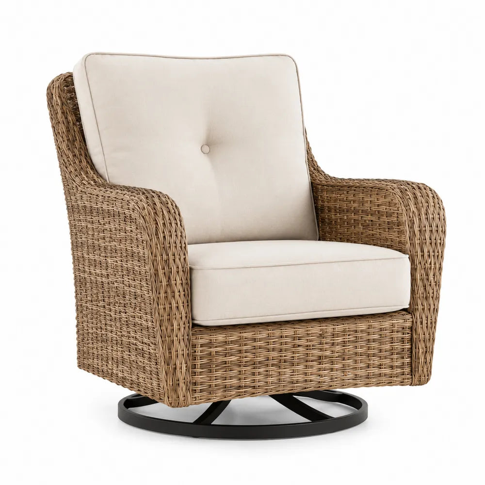 Fauteuil pivotant en rotin avec coussins beiges